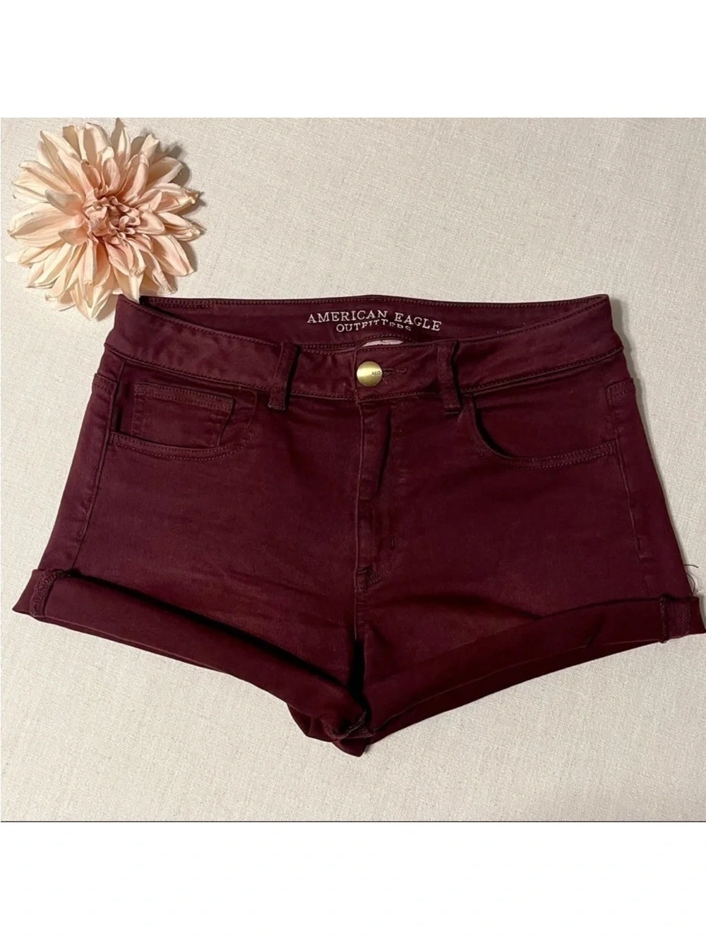 American Eagle Hi Rise Shortie Jean Shorts Size 10 Maroon High Rise